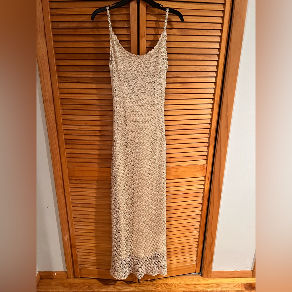 Stunning Formal Evening Gown Beige Crochet Heavy Material Orig $849 Size Large